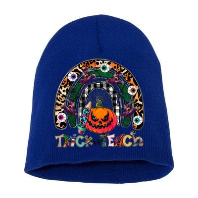 Pumpkins And Rainbow Trick Or Teach Teacher Halloween Funny Gift Short Acrylic Beanie