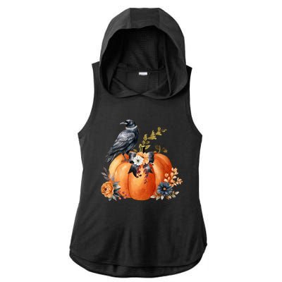 Pretty Autumn Raven Floral Pumpkin Fall Lover Ladies PosiCharge Tri-Blend Wicking Draft Hoodie Tank