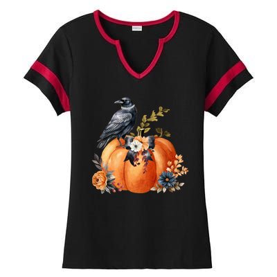 Pretty Autumn Raven Floral Pumpkin Fall Lover Ladies Halftime Notch Neck Tee