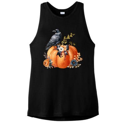 Pretty Autumn Raven Floral Pumpkin Fall Lover Ladies PosiCharge Tri-Blend Wicking Tank