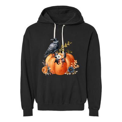 Pretty Autumn Raven Floral Pumpkin Fall Lover Garment-Dyed Fleece Hoodie