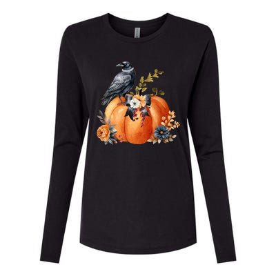 Pretty Autumn Raven Floral Pumpkin Fall Lover Womens Cotton Relaxed Long Sleeve T-Shirt