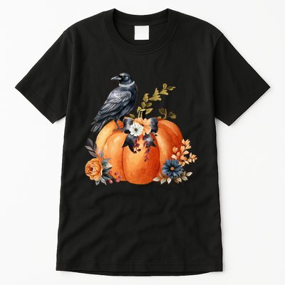 Pretty Autumn Raven Floral Pumpkin Fall Lover Tall T-Shirt