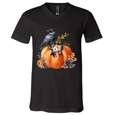 Pretty Autumn Raven Floral Pumpkin Fall Lover V-Neck T-Shirt