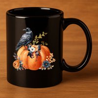 Pretty Autumn Raven Floral Pumpkin Fall Lover 11oz C Handle Ceramic Mug