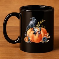 Pretty Autumn Raven Floral Pumpkin Fall Lover 11oz C Handle Ceramic Mug