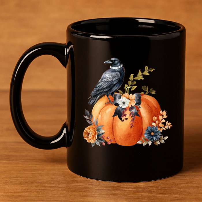 Pretty Autumn Raven Floral Pumpkin Fall Lover 11oz C Handle Ceramic Mug