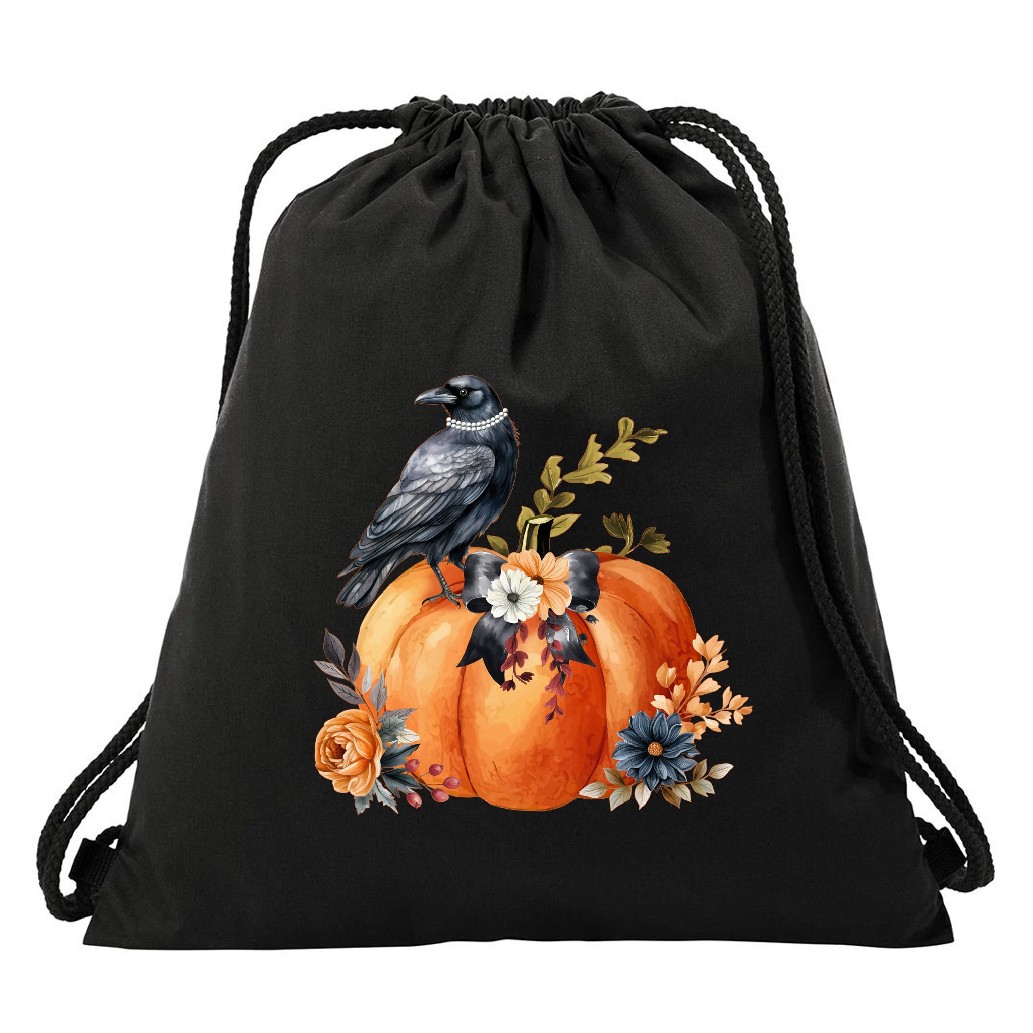 Pretty Autumn Raven Floral Pumpkin Fall Lover Drawstring Bag