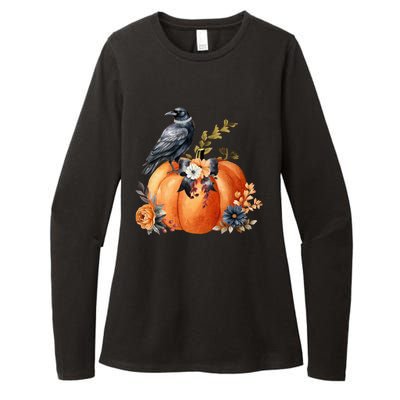 Pretty Autumn Raven Floral Pumpkin Fall Lover Womens CVC Long Sleeve Shirt