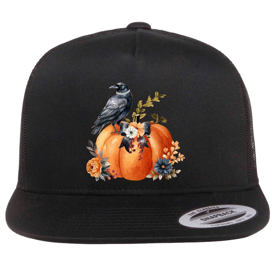 Pretty Autumn Raven Floral Pumpkin Fall Lover Flat Bill Trucker Hat