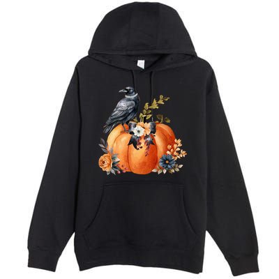 Pretty Autumn Raven Floral Pumpkin Fall Lover Premium Pullover Hoodie