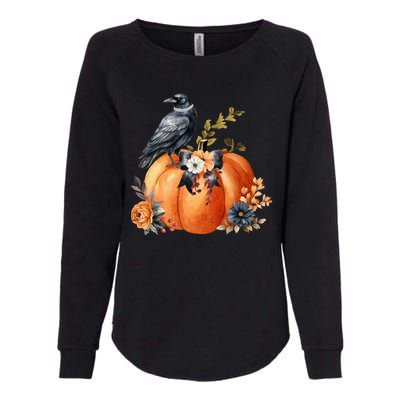 Pretty Autumn Raven Floral Pumpkin Fall Lover Womens California Wash Sweatshirt