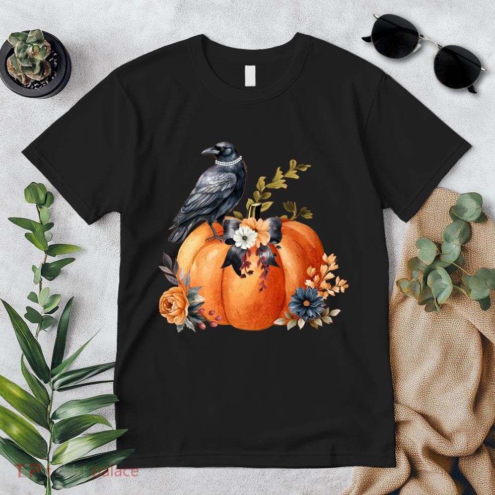 Pretty Autumn Raven Floral Pumpkin Fall Lover Premium T-Shirt