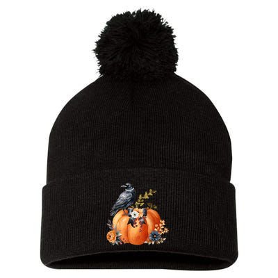 Pretty Autumn Raven Floral Pumpkin Fall Lover Pom Pom 12in Knit Beanie