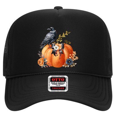 Pretty Autumn Raven Floral Pumpkin Fall Lover Trucker Hat