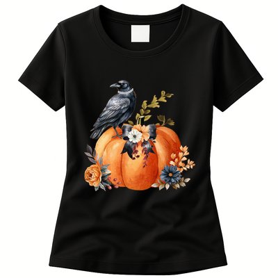 Pretty Autumn Raven Floral Pumpkin Fall Lover Womens T-Shirt