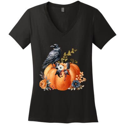 Pretty Autumn Raven Floral Pumpkin Fall Lover Women's V-Neck T-Shirt