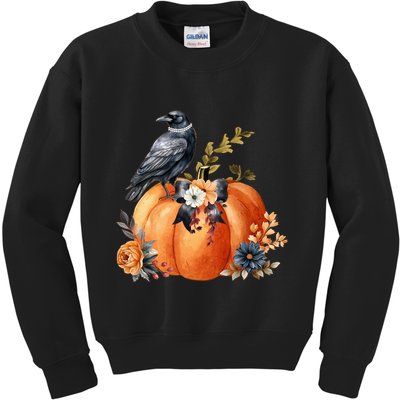Pretty Autumn Raven Floral Pumpkin Fall Lover Kids Sweatshirt