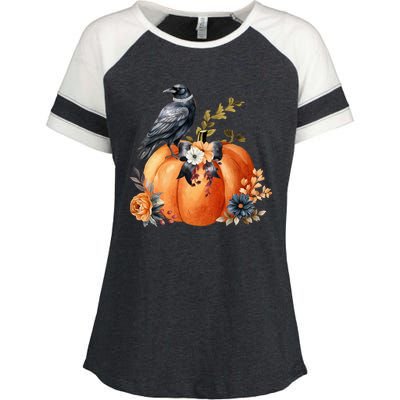 Pretty Autumn Raven Floral Pumpkin Fall Lover Enza Ladies Jersey Colorblock Tee