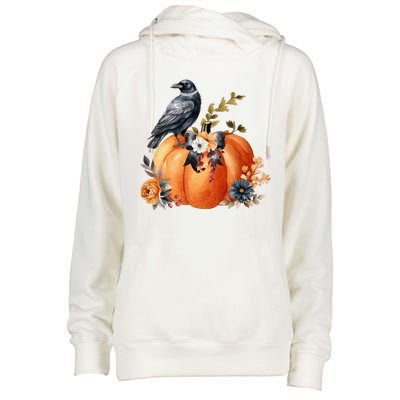 Pretty Autumn Raven Floral Pumpkin Fall Lover Womens Funnel Neck Pullover Hood