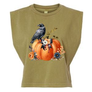 Pretty Autumn Raven Floral Pumpkin Fall Lover Garment-Dyed Women's Muscle Tee