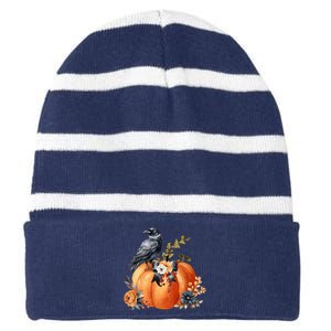 Pretty Autumn Raven Floral Pumpkin Fall Lover Striped Beanie with Solid Band