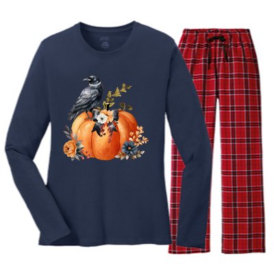 Pretty Autumn Raven Floral Pumpkin Fall Lover Women's Long Sleeve Flannel Pajama Set 