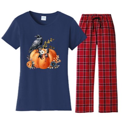 Pretty Autumn Raven Floral Pumpkin Fall Lover Women's Flannel Pajama Set