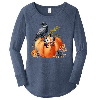 Pretty Autumn Raven Floral Pumpkin Fall Lover Women's Perfect Tri Tunic Long Sleeve Shirt