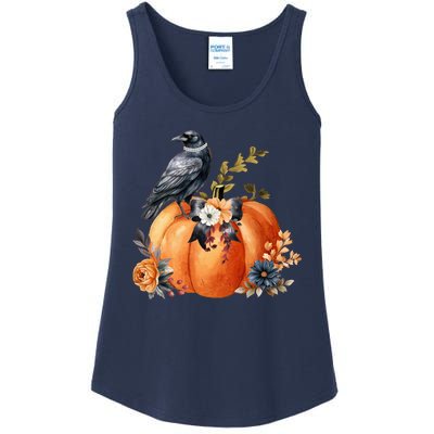 Pretty Autumn Raven Floral Pumpkin Fall Lover Ladies Essential Tank