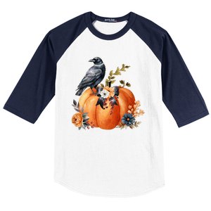 Pretty Autumn Raven Floral Pumpkin Fall Lover Baseball Sleeve Shirt