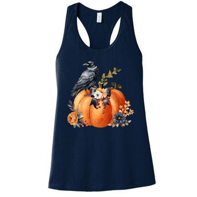 Pretty Autumn Raven Floral Pumpkin Fall Lover Women's Racerback Tank