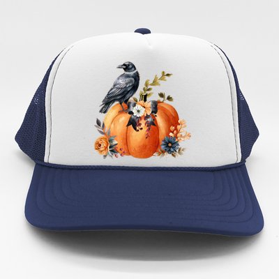 Pretty Autumn Raven Floral Pumpkin Fall Lover Trucker Hat