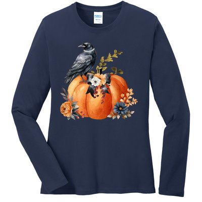 Pretty Autumn Raven Floral Pumpkin Fall Lover Ladies Long Sleeve Shirt