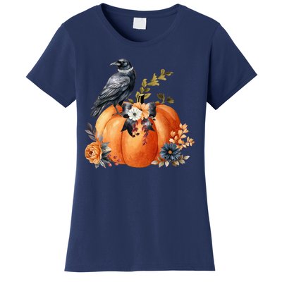 Pretty Autumn Raven Floral Pumpkin Fall Lover Women's T-Shirt