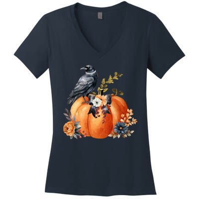 Pretty Autumn Raven Floral Pumpkin Fall Lover Women's V-Neck T-Shirt