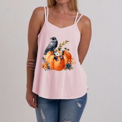 Pretty Autumn Raven Floral Pumpkin Fall Lover Women's Strappy Tank