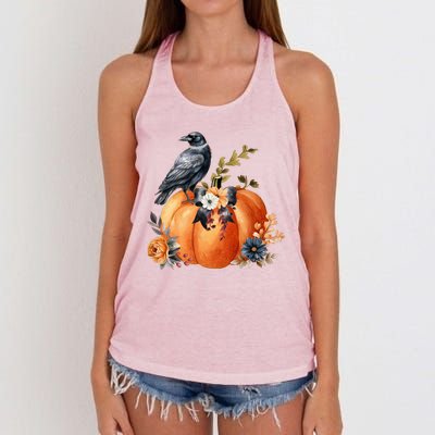 Pretty Autumn Raven Floral Pumpkin Fall Lover Women's Knotted Racerback Tank