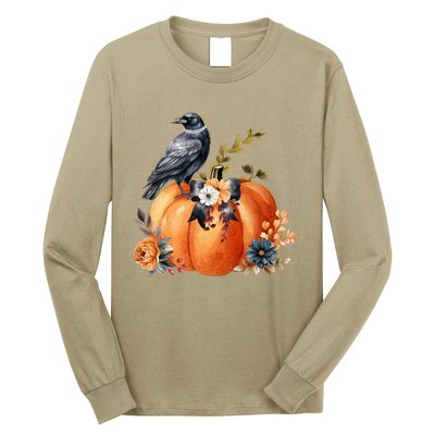 Pretty Autumn Raven Floral Pumpkin Fall Lover Long Sleeve Shirt