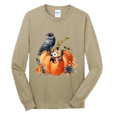 Pretty Autumn Raven Floral Pumpkin Fall Lover Tall Long Sleeve T-Shirt