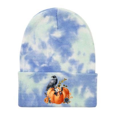 Pretty Autumn Raven Floral Pumpkin Fall Lover Tie Dye 12in Knit Beanie