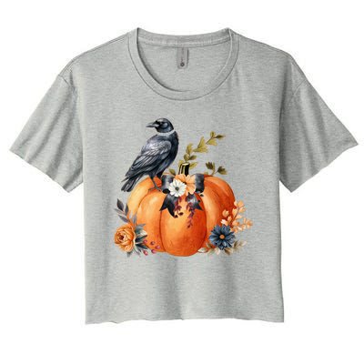 Pretty Autumn Raven Floral Pumpkin Fall Lover Women's Crop Top Tee