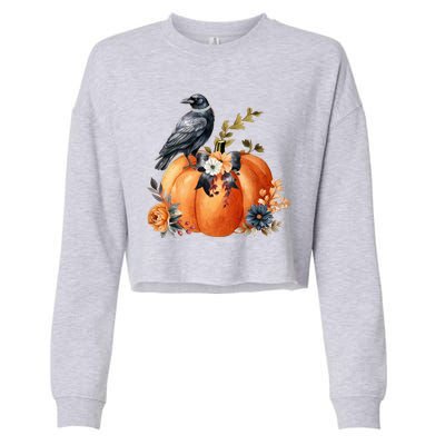 Pretty Autumn Raven Floral Pumpkin Fall Lover Cropped Pullover Crew