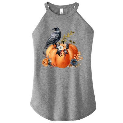 Pretty Autumn Raven Floral Pumpkin Fall Lover Women's Perfect Tri Rocker Tank