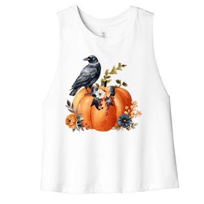 Pretty Autumn Raven Floral Pumpkin Fall Lover Women's Racerback Cropped Tank