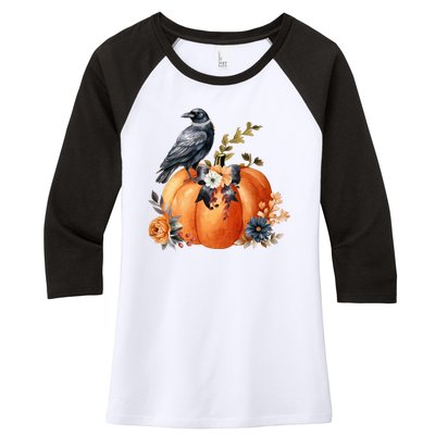 Pretty Autumn Raven Floral Pumpkin Fall Lover Women's Tri-Blend 3/4-Sleeve Raglan Shirt