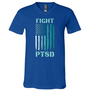 PTSD Awareness Ribbon Hope Support Love American Flag V-Neck T-Shirt