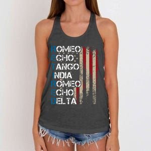 Phonetic Alphabet Retired Veteran Retirement Army Military Women's Knotted Racerback Tank