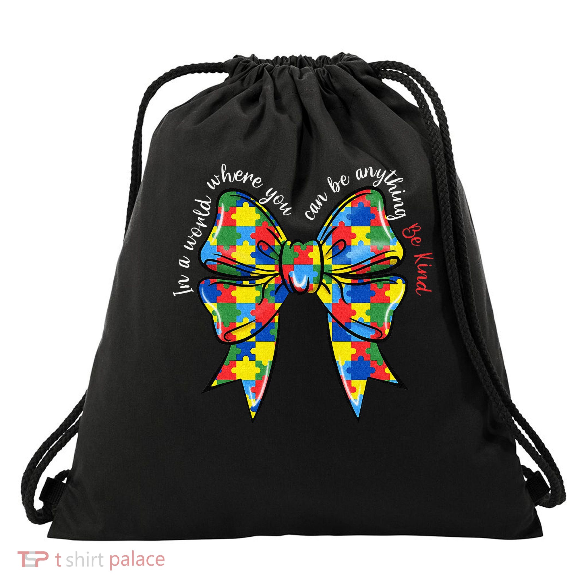 Puzzle Autism Ribbon Coquette Bow Be Kind Autism Mom Drawstring Bag