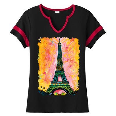 Paris France Colorful Eiffel Tower Ladies Halftime Notch Neck Tee